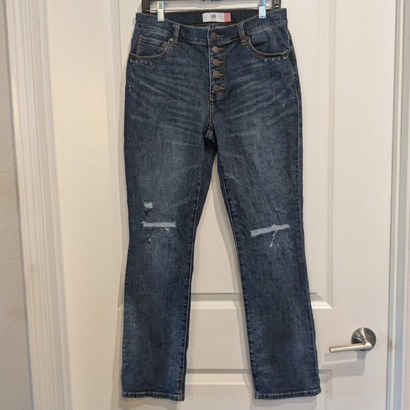 CAbi Straight Button-Fly Jeans Women's 8 Distressed Blue Dark Wash Denim #6068 - Picture 2 of 15